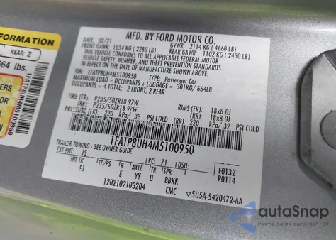 2021 Ford Mustang Ecoboost Premium z USA, uszkodzony, nr VIN 1FATP8UH4M5100950